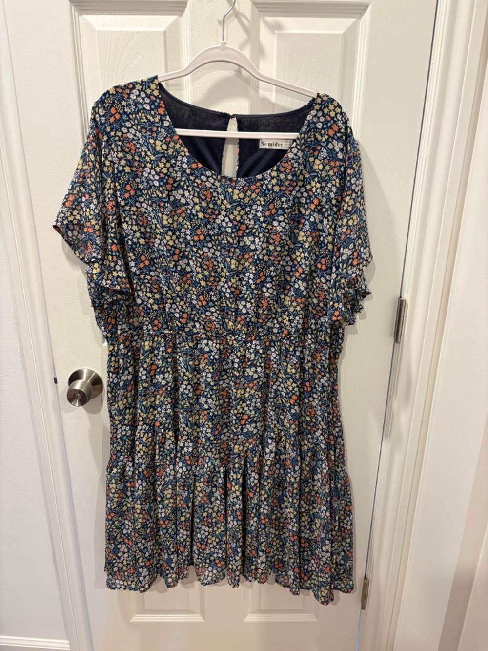Nemidor Navy Yellow Boho Midi Chiffon Print Floral Dress with Ruffle Sleeve (24) - Picture 3 of 5